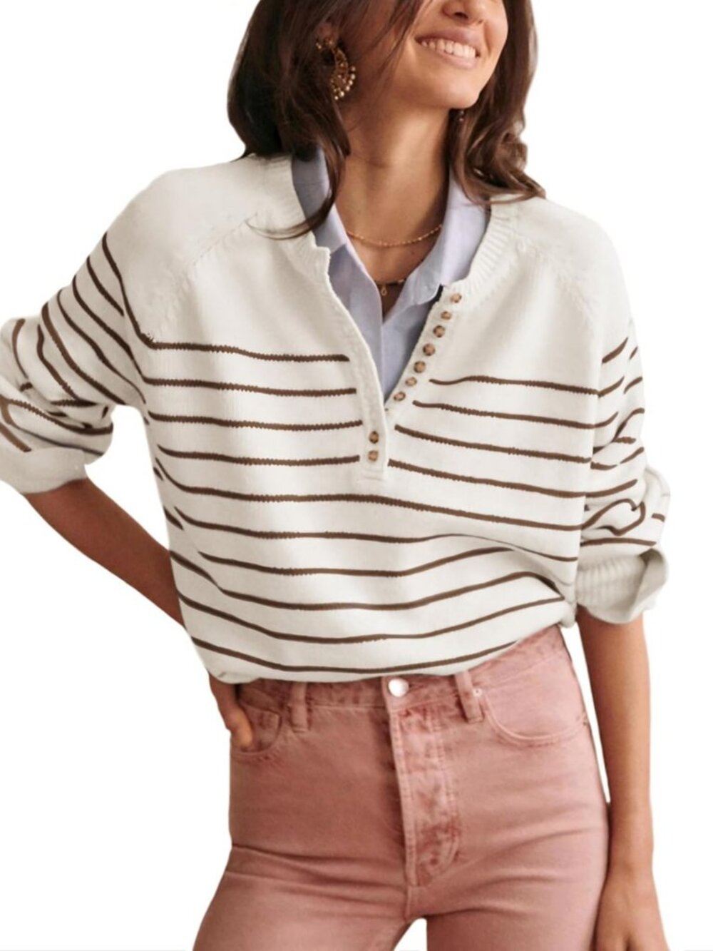Color Block Striped Button-Up Crewneck Pullover Ribbed Knit Sweater Top for